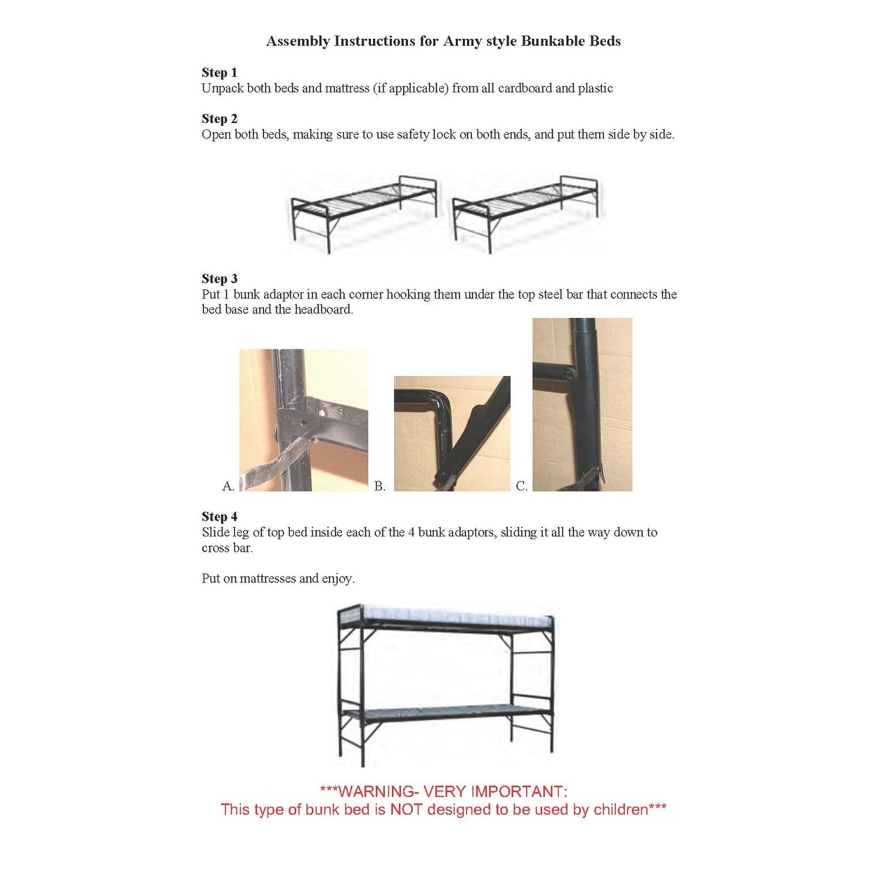 Blantex Two Army Style Bunk-able Beds With Retractable Legs & Two 4 ...